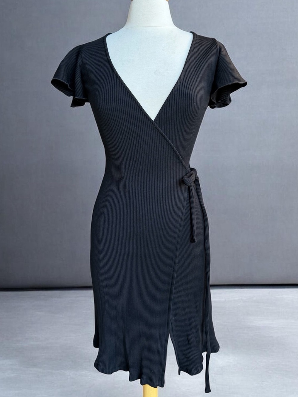 Amour Vert Black Ribbed Wrap Dress Small Flutter Sleeve Midi Dress